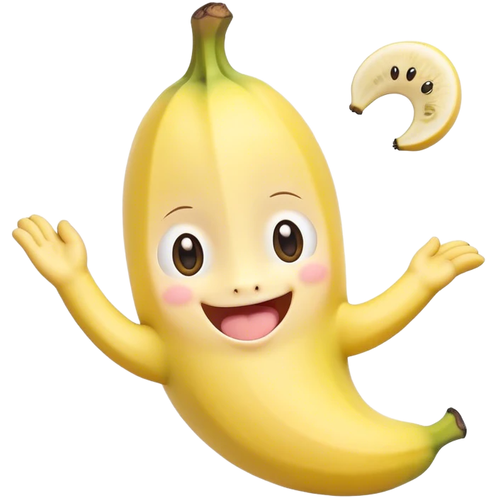 Cute Kawaii Banana, slightly curved, soft pastel yellow, cute giggling face with big round eyes, tiny arms waving happily, a peeled section revealing a smiling expression! emoji