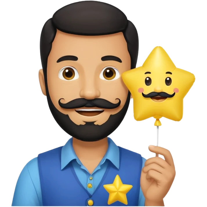 man with black bead and mustache holding star yellow balloon  emoji