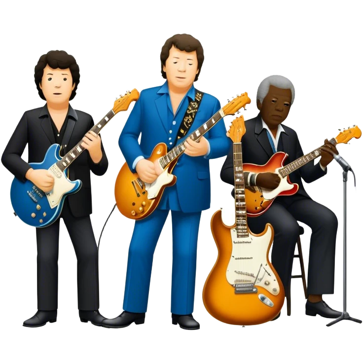Icon for Blues Music: collage of legendary blues artists. Gary Moore, Eric Clapton, B.B. King and Joe Cocker. Represented by silhouettes or symbolic items like guitars, microphones, or music notes, reflecting the soulful energy of blues music. Transparent background. emoji