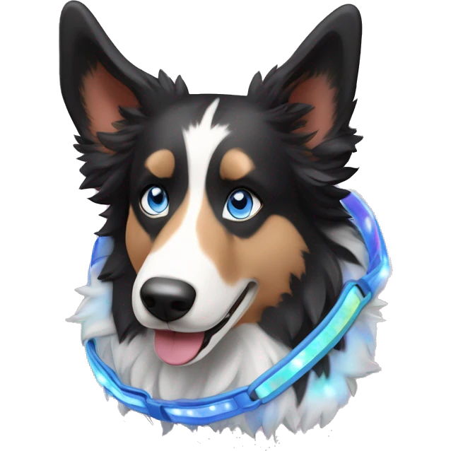  Black spotted brindle collie husky blue eyes fluffy ears and holographic harness running emoji