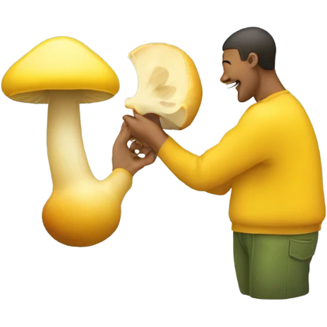 A person eating a yellow mushroom comprised of two circles and a stem emoji