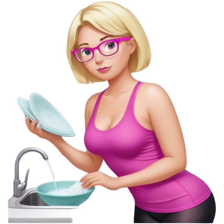 Curvy fair and freckled skinned woman, short blond hair, small light purple reading glasses, washing dishes, short flowing sheer hot pink tank top, without undergarments SFW, black yoga pants, thick booty emoji
