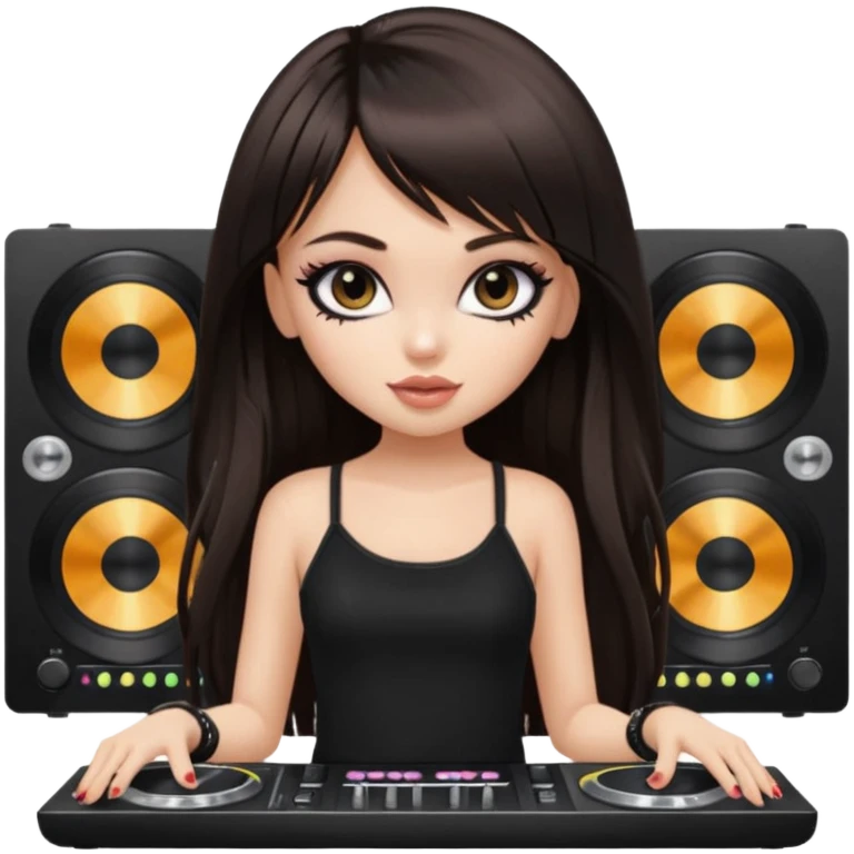 generate a pretty bratz girl in black cami top, dark brown straight long hair with bangs, eyeliner on, djing, fair emoji