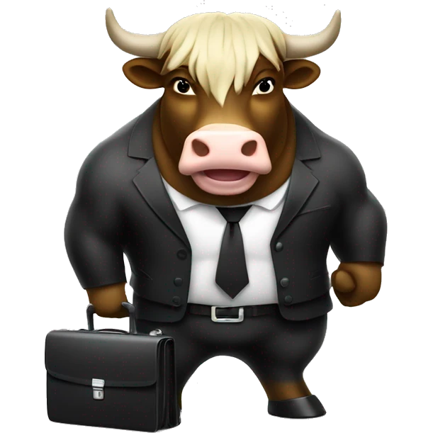 big muscular bull wearing black suit and holding a briefcase full of money with happy face emoji