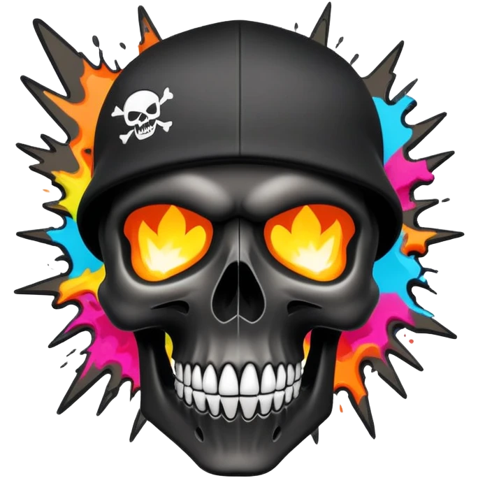 smooth black skull with wild graffiti explosion and hypebeast streetwear brand logos, angled view emoji