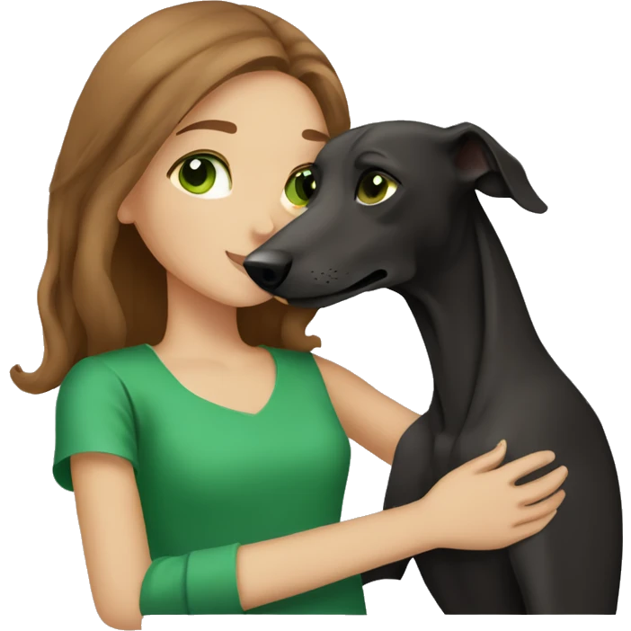 One girl with long brown hair and green eyes hugging her galgo black emoji
