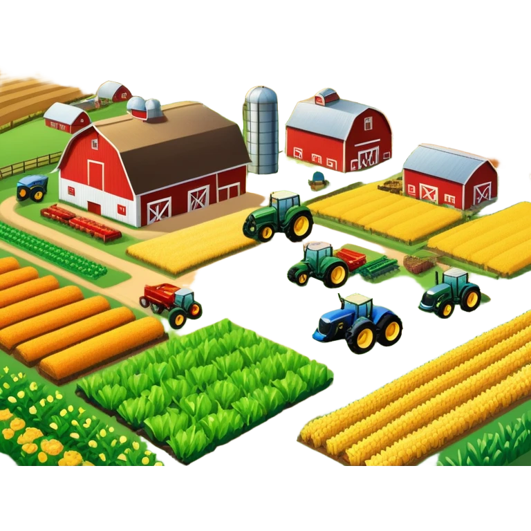 colorful rural landscape, inspired by farming simulators like Farming Simulator 22. The design shows fields, tractors, and barns, with vibrant crops and animals in the background. The peaceful farming scene symbolizes the immersive experience of managing a farm, with a transparent background emoji