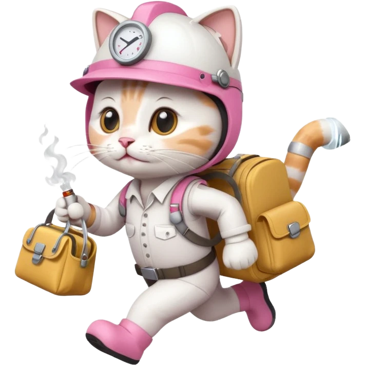 A cute white and pink funny cat in cartoon style dressed as engineer with a white helmet running very fast carrying her cute bag leaving a smoking footsteps emoji