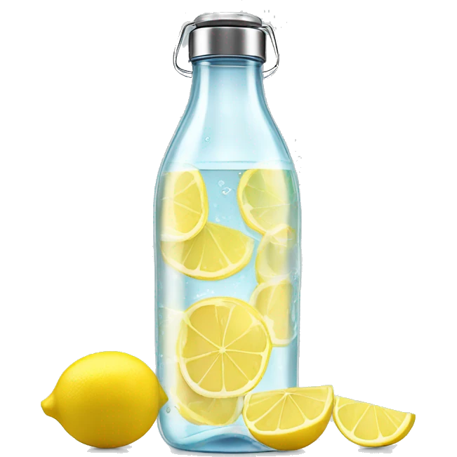 A sleek, transparent glass water bottle with a slices of lemon inside. emoji