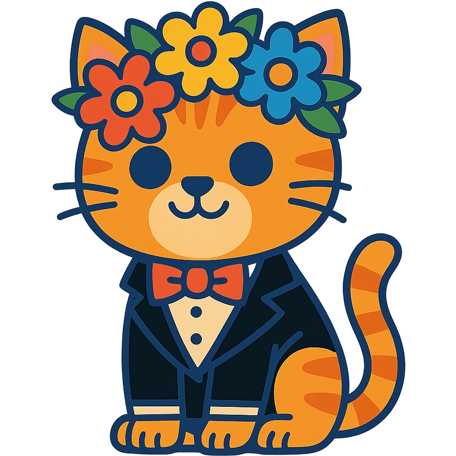 A kitten in a tuxedo with a flower crown emoji