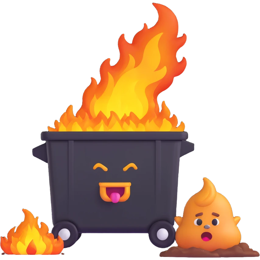 Donald Trump combined with a poop emoji, with a dumpster on fire in the background emoji