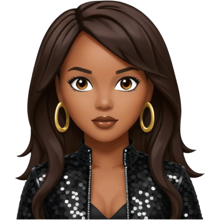 LeToya Luckett with long dark brown hair, black sequin tour outfit  emoji