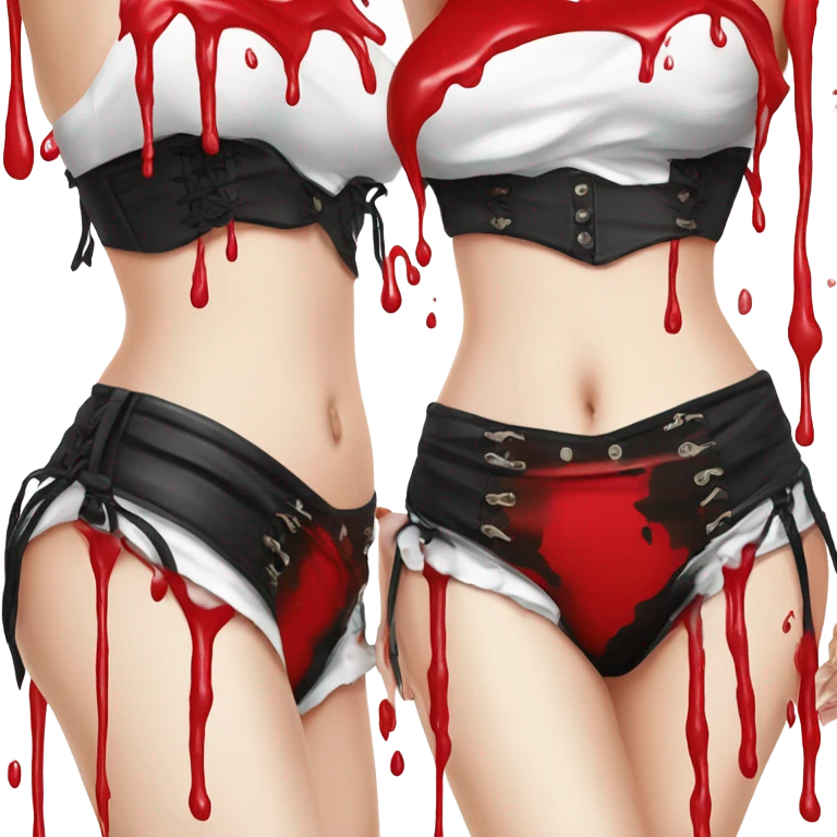 Red and black corset top with bikini bottom dripping with white paint emoji