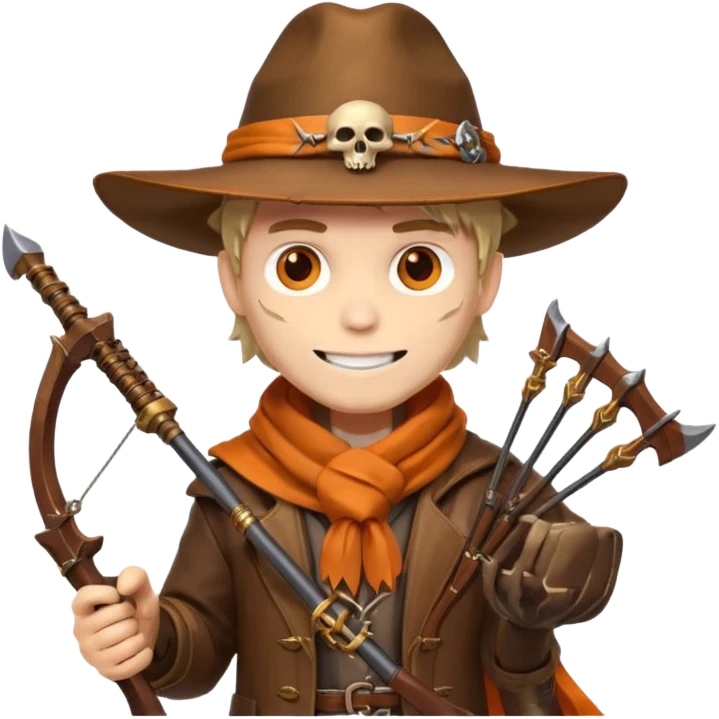 male human monster hunter emoji, wearing brown leather coat and wide hat, holding crossbow or rifle, with amulet shaped like skull, Halloween fantasy theme, confident smile, orange scarf, Apple emoji style, clean white background, square image emoji