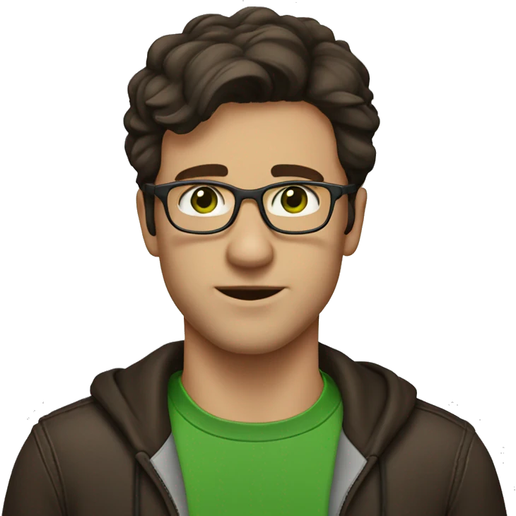 Guy, dark brown hair, glasses, green eyes, 🚬 emoji