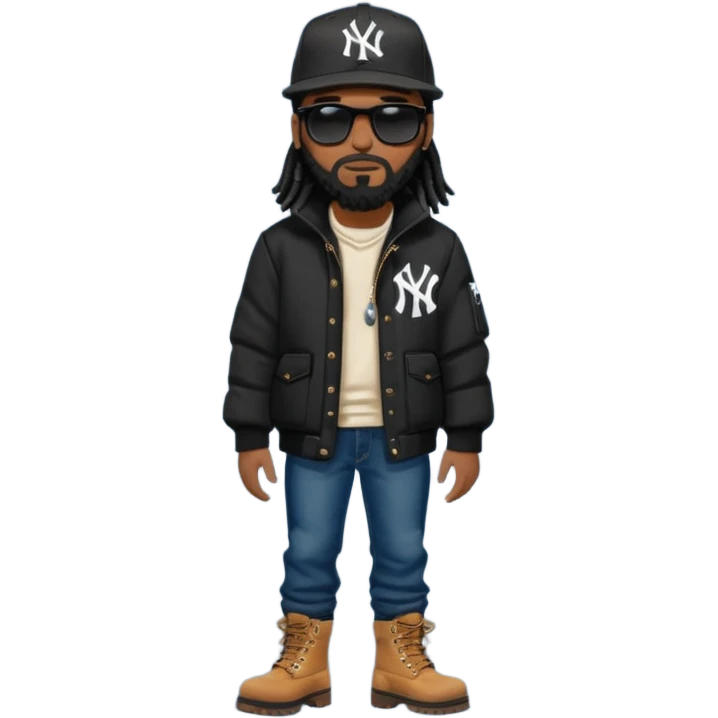 African American man with shoulder length black dreadlocks with black beard wearing black sunglasses wearing a black New York Yankees logo baseball cap wearing a black bubble winter coat wearing denim skinny jeans and timberland boots walking emoji