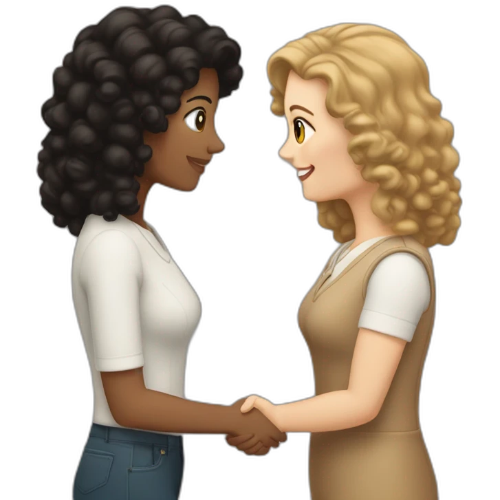 tan mid-sized woman with black curly hair shakes hands with a mid-sized pale woman who has straight light brown hair emoji