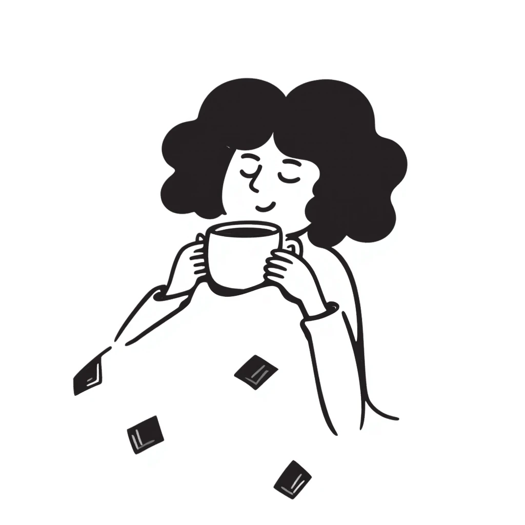 White girl with curly brunette hair snuggled in a blanket sipping coffee with eyes closed, feeling warm and content emoji