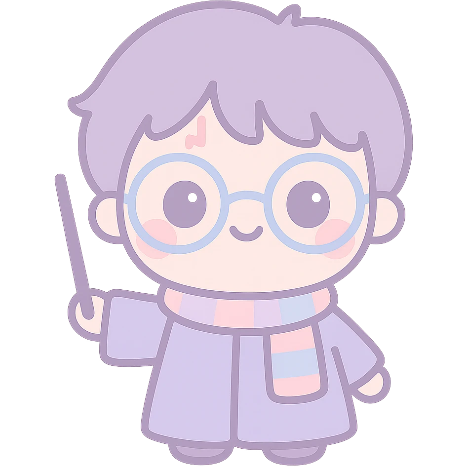 Harry Potter with glasses, lightning scar, and wand in kawaii style emoji