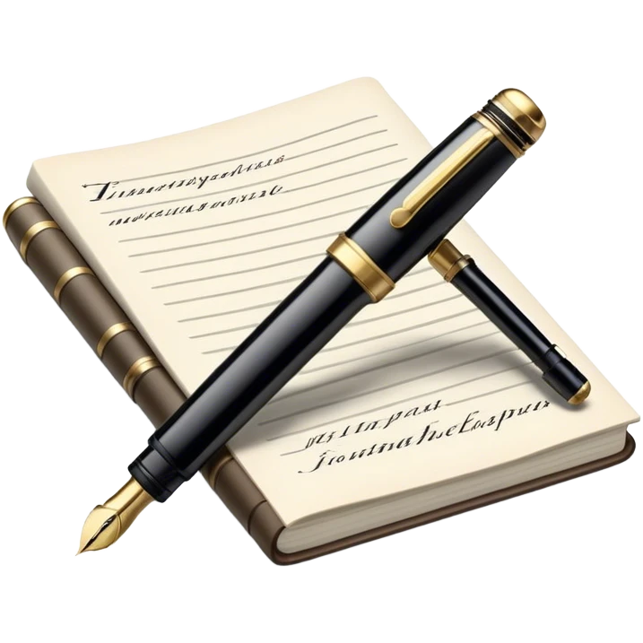 Create an emoji representing journalism and publicistic writing. The design should feature an open newspaper or a stack of articles with visible text columns, symbolizing opinion pieces and analysis. A classic fountain pen or ballpoint pen should be placed near the papers, indicating the act of writing. Optionally, include a small microphone or a press badge to emphasize investigative and journalistic aspects. Use neutral and professional colors like black, white, and muted blue or red. Do not include any emojis or smiley faces. Make the background transparent. emoji