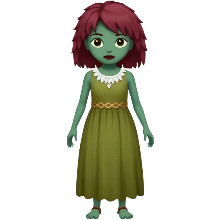 Faça uma garota com pele verde e que seja zombie, que tenha cabelo grande da cor vermelho marsala e que tenha uma franja e que seja liso mais enrolado nas pontas, e que esteja vestindo um sobre tudo(vestido sem alça) da cor branca  emoji