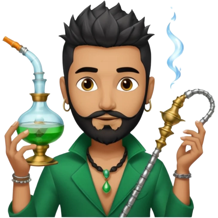 Brass hookah with green design on a glass water base on the top; with two smoke pipes where people are holding them and smoking - one white guy with spikes (silver and black hair) and another Tamil handsome with little beard Indian guy emoji