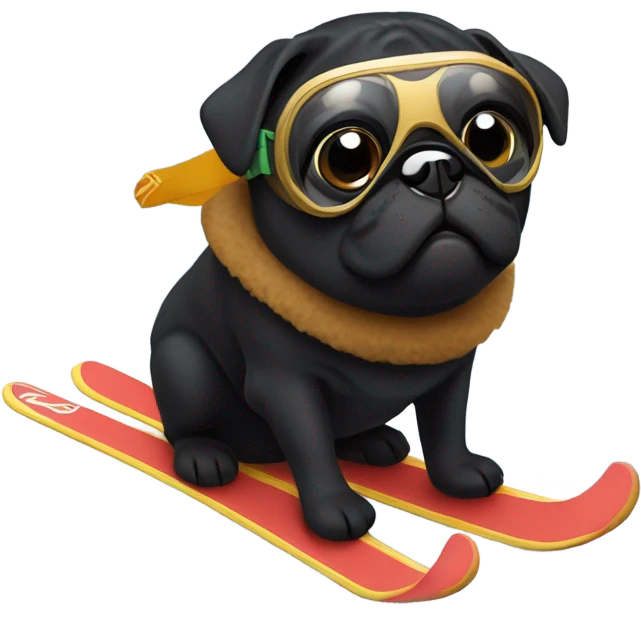 Black pug with a curly tail and goggles skiing on a snowy mountain emoji