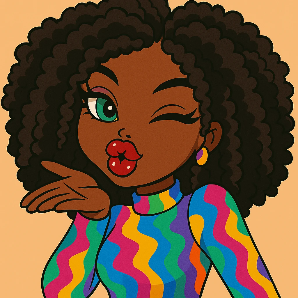 Headshot of a 20-year-old anime Bratz style woman with dark skin, curly hair, winking and blowing a kiss, bold colorful fashion-forward look, big expressive eyes, glossy lips, happy expression, no hat, no tears. emoji