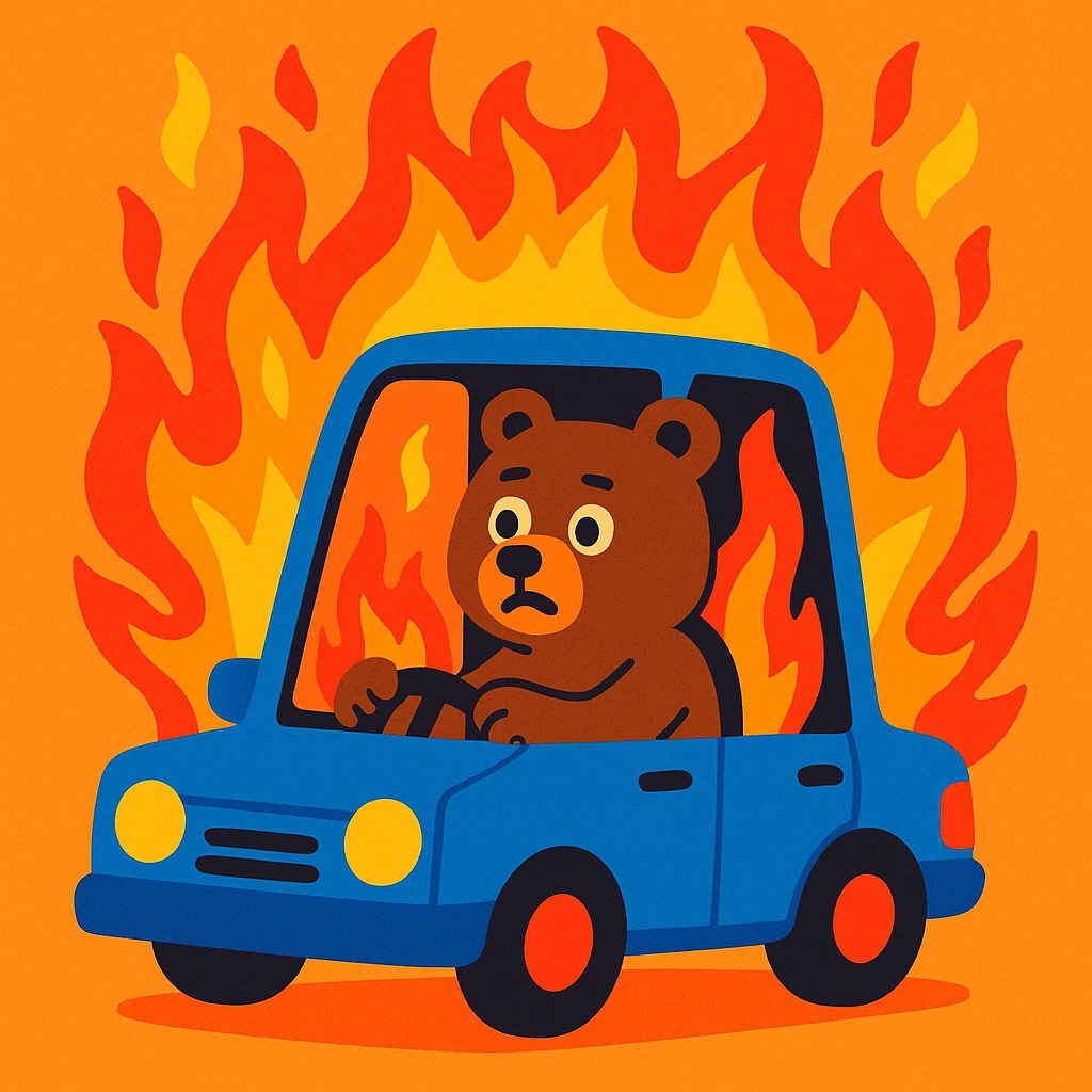 a brown bear sitting inside a blue car that is on fire, cartoon style, vibrant colors, expressive flames emoji