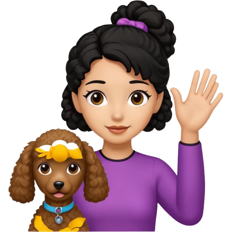 Ponytail black hair girl with brown Poodle say goodbye  emoji