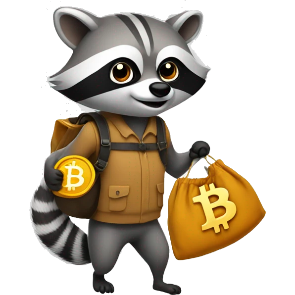 racoon carrying a bag of bitcoin with a smirk face emoji