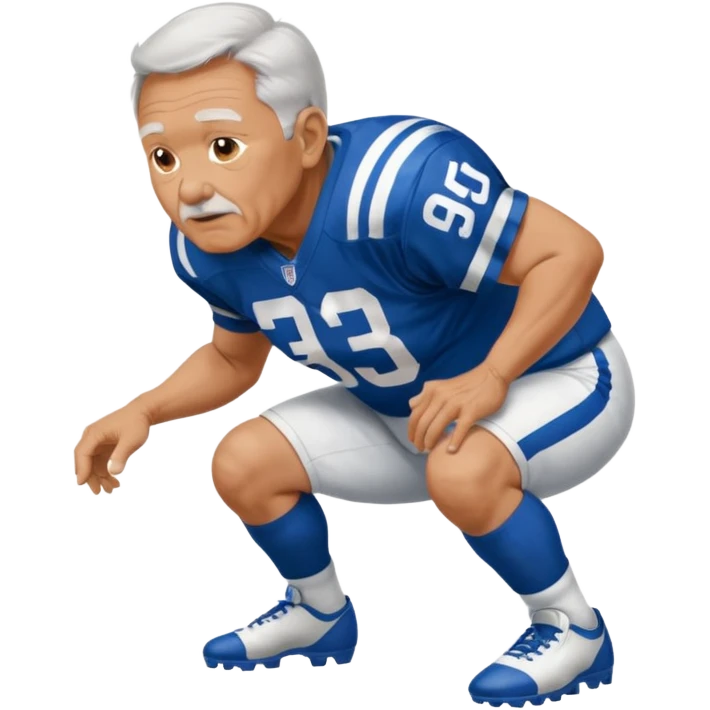 A grandpa playing football wearing an Indianapolis Colts jersey is. Show him kind of crouch down to the ground, holding the football and show  back of his jersey. emoji