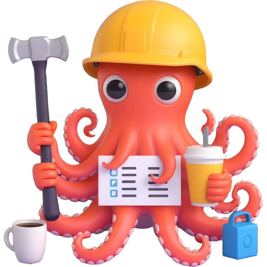 A tired worker wearing a helmet, depicted as an octopus with multiple tentacles holding various tools and items, including a hammer, a checklist with tasks, a wrench, a saw, and a coffee cup emoji