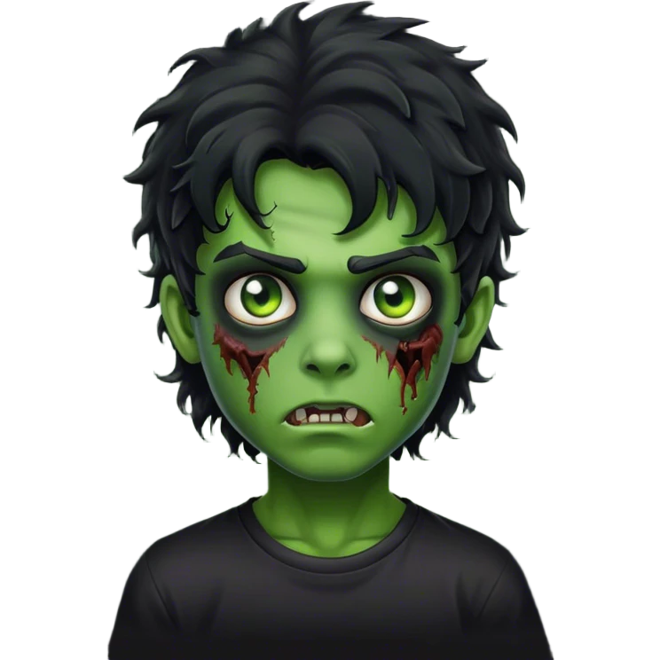 boy zombie with black curly hair mullet with green skin with black shirt emoji