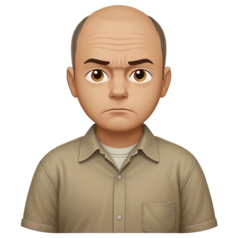 Carl from Sling Blade, serious expression, recognizable features, neutral background, full body, chin sticking out, slouching posture, no glasses, shirt with collar emoji