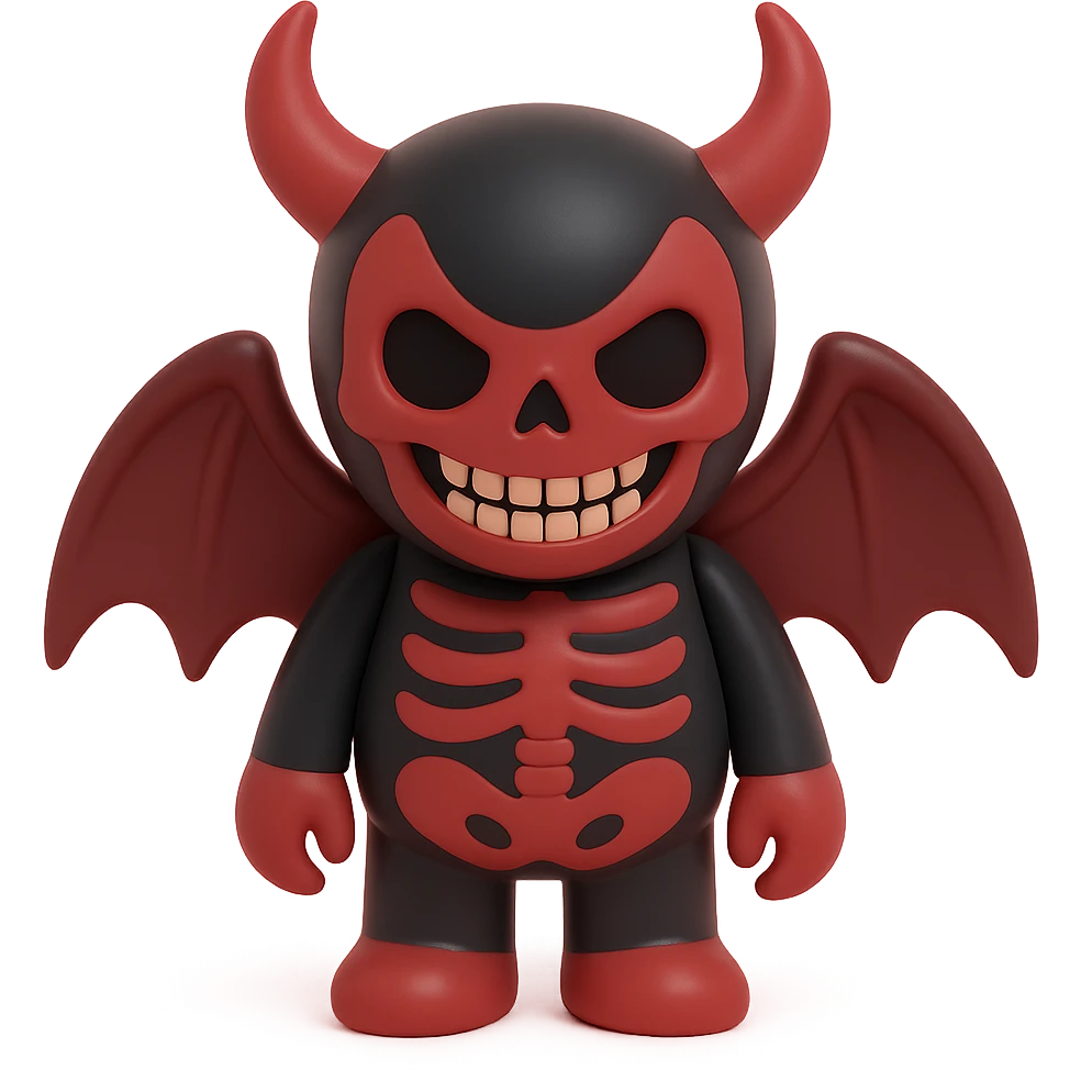 horrifying monster with skeletal features, tattered wings, sinister grin, dark red and black colors, vinyl figure style emoji