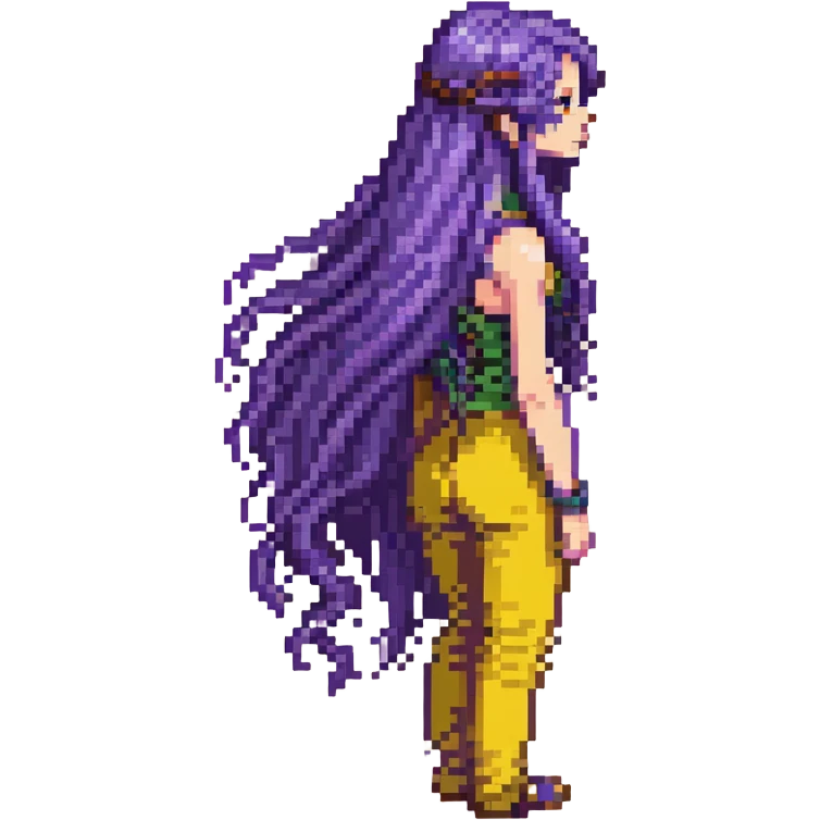 Girl with long purple hair that flows down her back, pixel art style emoji