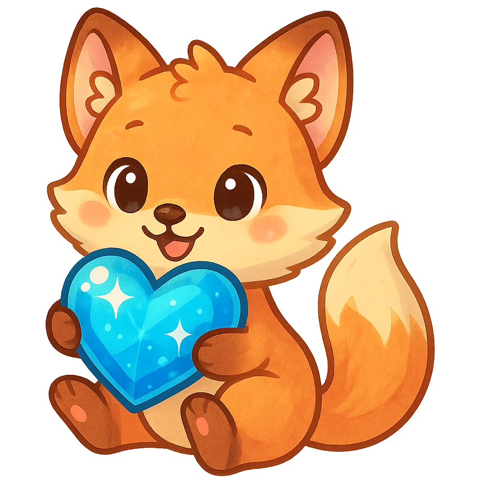 a playful fox holding a dazzling blue heart, whimsical and colorful emoji