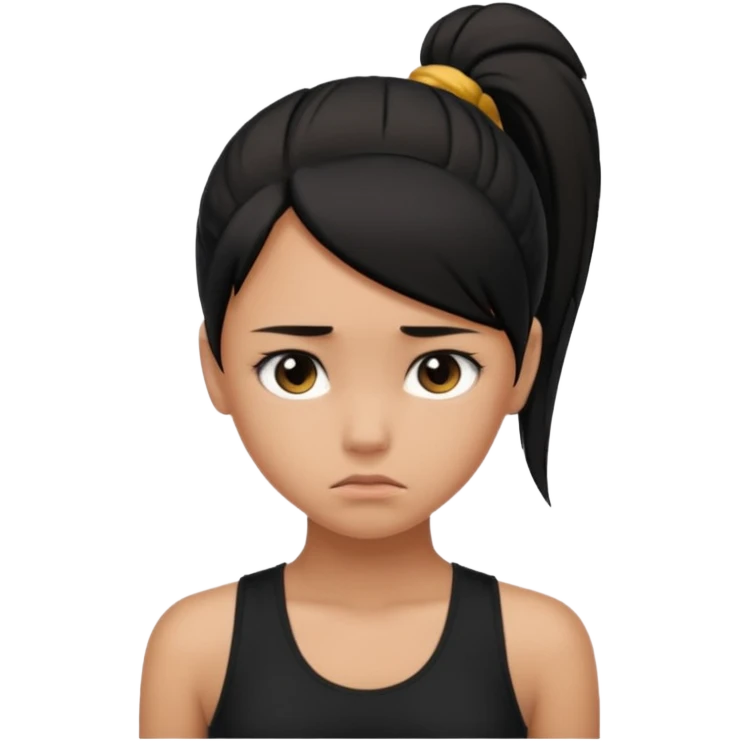 a tan girl with a black ponytail, black tank top, . Looking sad emoji