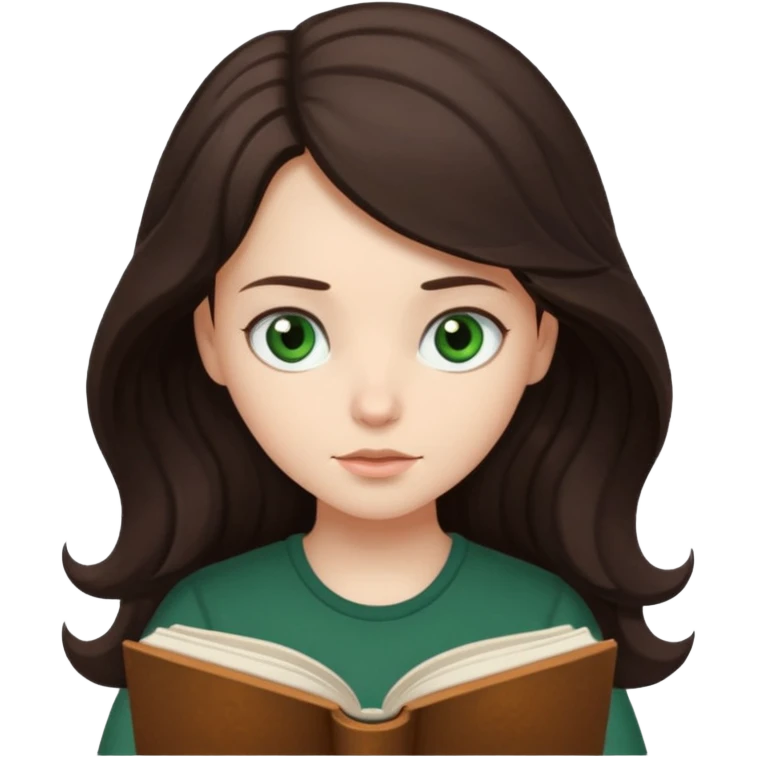 Long wavy dark brown haired, white skinned, dark green eyed girl reading a book emoji