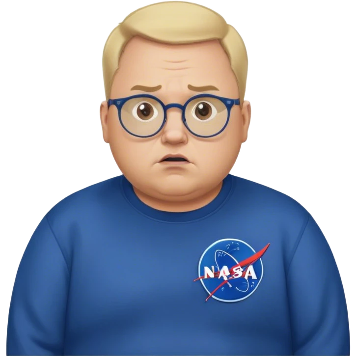 angry chubby man, with blond short and hight receding hairline, wears a dark blue sweatshirt, nasa logo on the sweatshirt, round glasses without frame, 40 years old emoji