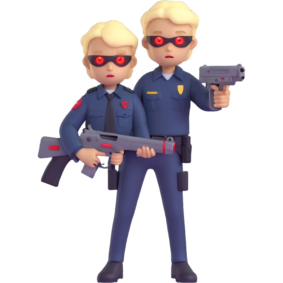 blonde boy with red glowing eyes holding a gun emoji