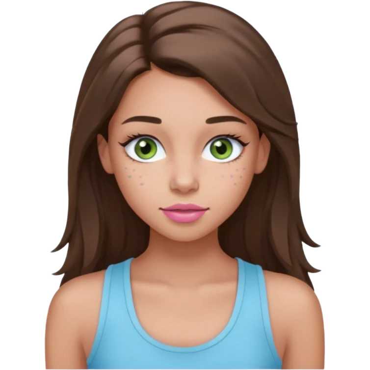 Create a teen girl wearing a light blue tank top. She will have long brunette hair, tan skin, pink lips, and grey-green eyes. She has long eyelashes. She also has light freckles  emoji