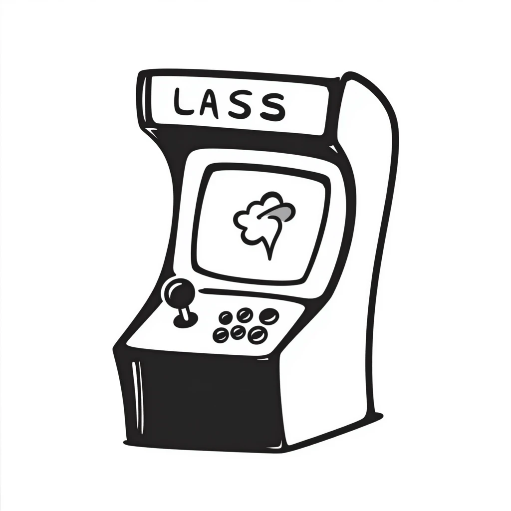 A hand-drawn arcade machine with sketchy joystick and game elements emoji