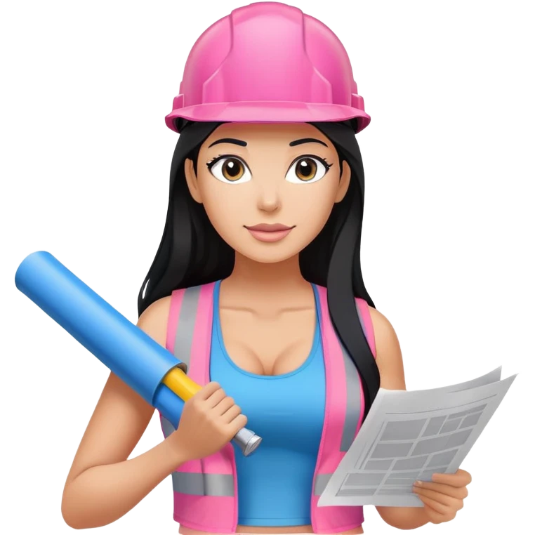 pink construction hat, blue print in hand, long black hair tanned woman, black sports bra, pink vest, sexy emoji
