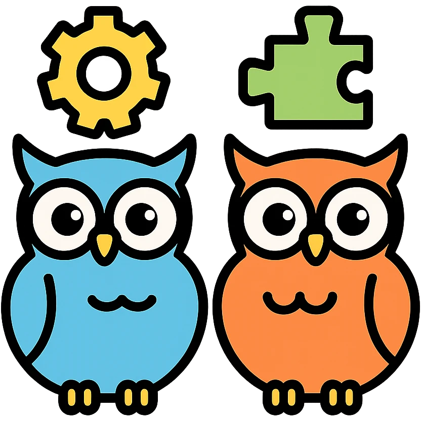 two owls with gears or puzzle pieces, teamwork icon emoji