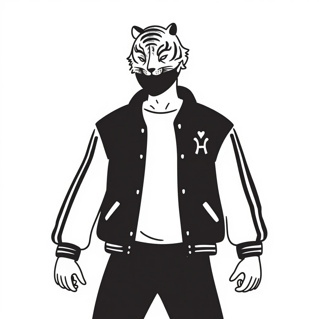Tony from Hotline Miami, muscular man in varsity jacket with tiger mask, black doodle style emoji
