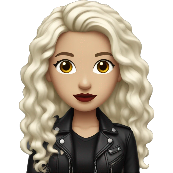 White girl, with long curly black hair, with red lipstick, black winged eyeliner, wearing black shirt and black leather jacket emoji