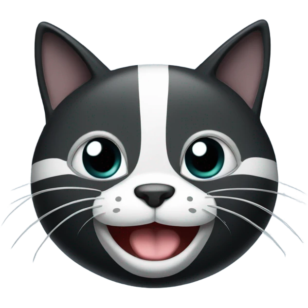Black Cat with white paws and grey stripes that is smiling emoji