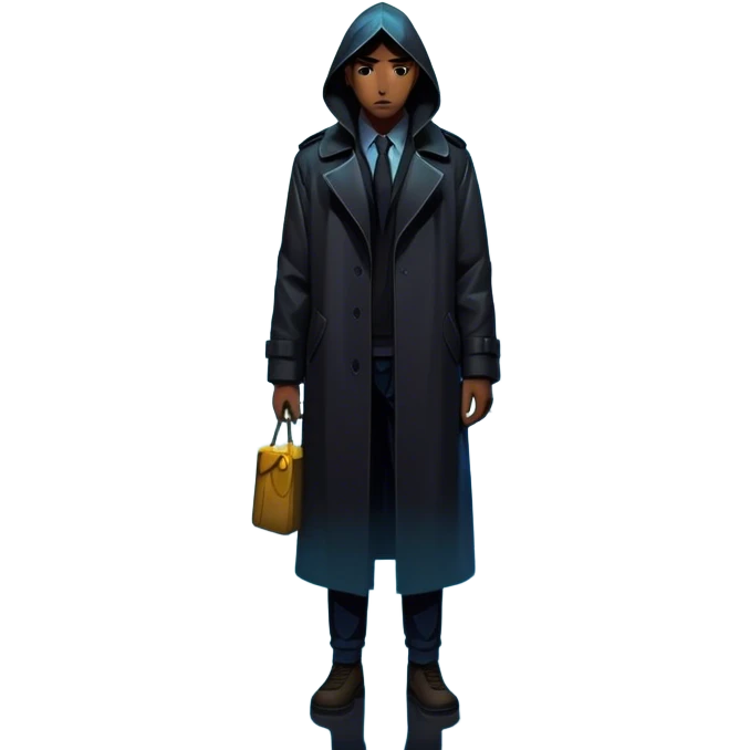 Thriller Movie: A tense, gripping design with dramatic lighting. Include a mysterious figure in a dark coat standing in a rain-soaked alley, with glowing neon signs in the background. Shadows loom and ominous shapes emerge from the mist. Suspenseful and cinematic atmosphere. Transparent background. emoji
